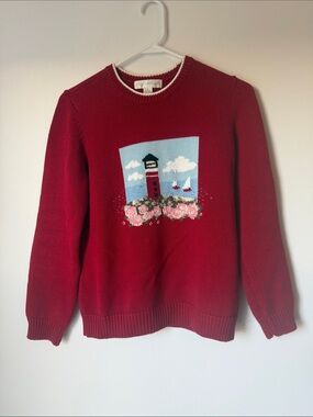 Vintage Petite Sophisticate Red Crewneck Lighthouse Intarsia Sweater
